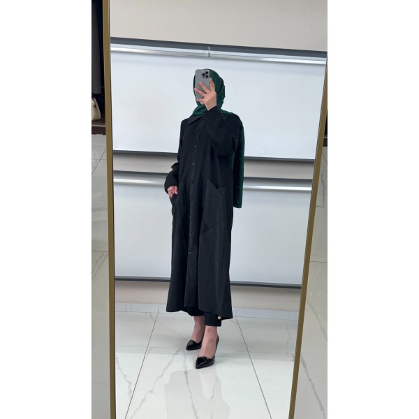 MICCA %100 Doğal Lyocell Kumaş Cepli Rahat Kalıp Uzun Kap