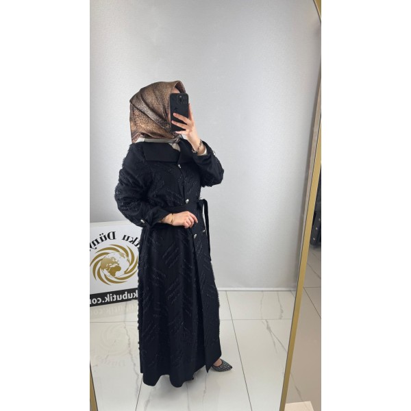 Sim Dokulu Şerit Desenli Kemerli Kap