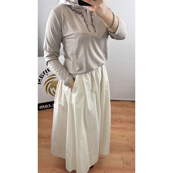 SENTEZ Beli Lastikli Pamuklu Uzun Etek
