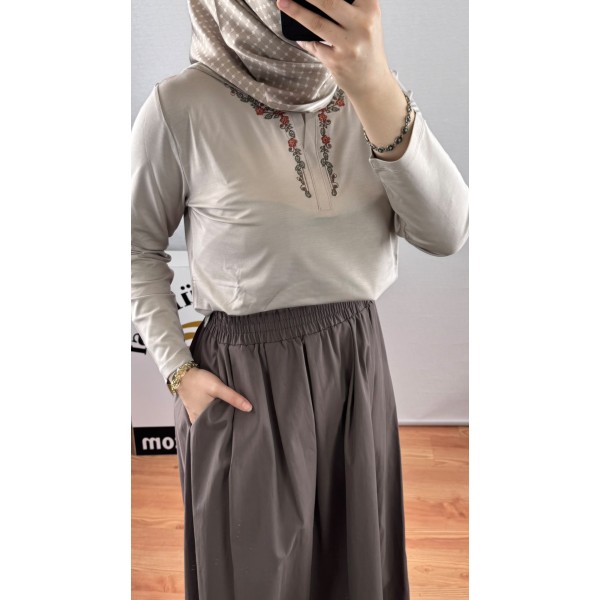 SENTEZ Beli Lastikli Pamuklu Uzun Etek